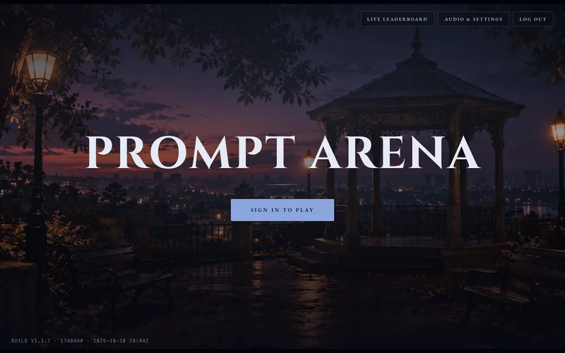 Prompt Arena title card over a dusk gazebo scene